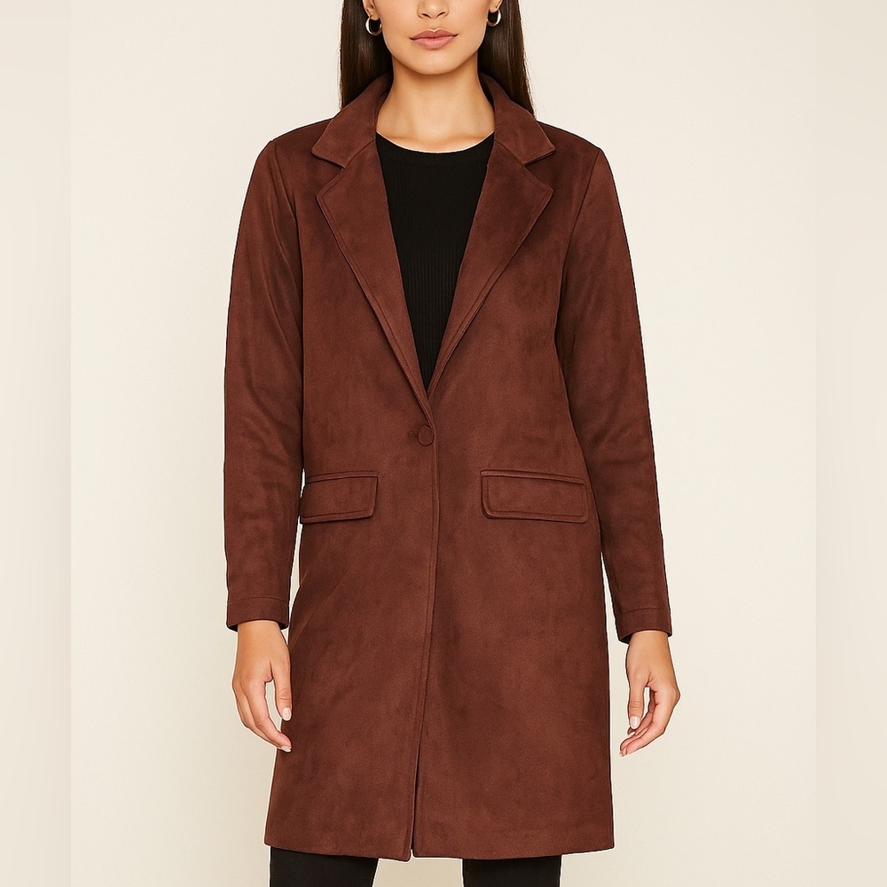 Longline Faux Suede Coat – Brown (M)
